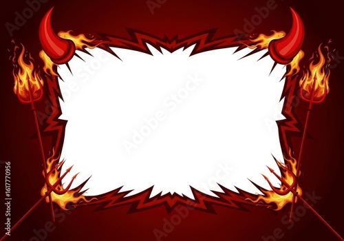 Devilish frame with horns tridents  flames borders a blank white center
