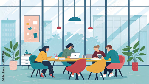 Modern Coworking Space: Diverse Team Collaboration Illustration for Website or Brochure