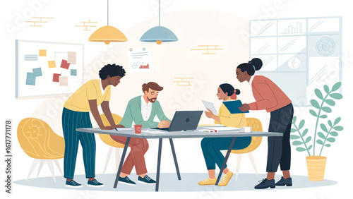 Diverse team collaborating on a project in a modern office. Ideal for websites, presentations, and marketing materials.