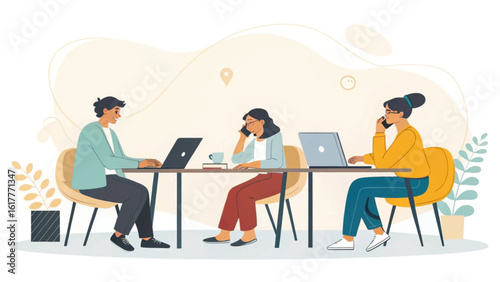 Diverse team collaborating on laptops and phones, ideal for website banners or marketing materials.