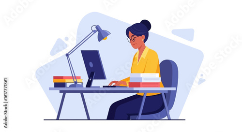 Illustration of a woman working on her computer, perfect for website banners or blog posts about work and productivity.