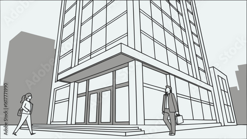 A modern office building stands tall in the city, with people walking by on the street