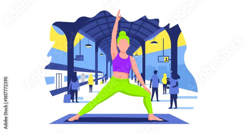 Woman doing yoga at a train station, perfect for wellness and travel blogs or brochures.