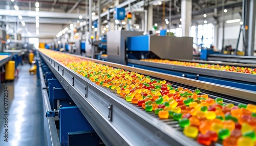 Colorful gummy candies on conveyor belt in a factory