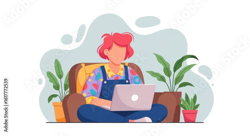 Woman working from home on laptop, surrounded by plants. Ideal for websites, blogs, and articles about remote work, work-life balance, or home office design.