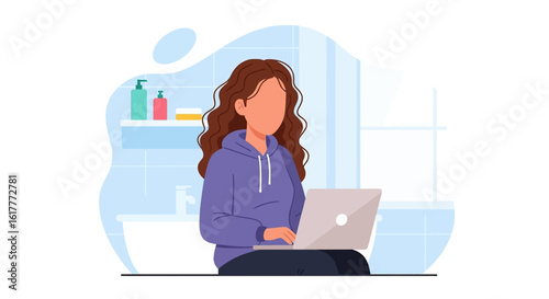 Woman working on laptop in bathroom, perfect for blog posts about work-life balance or remote work.