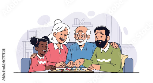 Multigenerational family playing a board game together at home. Perfect for illustrating family bonding, intergenerational relationships, and retirement concepts.