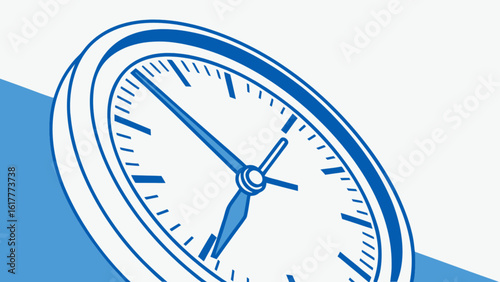A blue clock with hands indicating the time is displayed on a white background