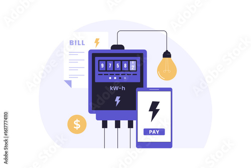 Electricity Meter Bill Illustration. Smart Energy Management & Digital Payment. Illustrations for websites, landing pages, mobile apps, posters and banners
