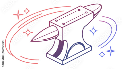 An anvil with a gradient outline and sparkles is isolated on white background