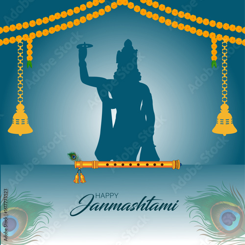 Creative paper style on white indian traditional background design for celebration of janmashtami festival of india. Lord krishna playing flute. Translation in english Jai shri krishna.