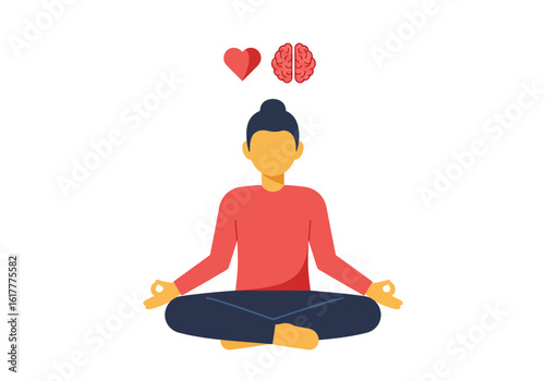 A person in a lotus pose balances the heart and brain, symbolizing emotional and mental well-being.