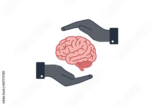 Two hands protectively cupping a pink human brain, symbolizing mental health, care, and cognitive function.