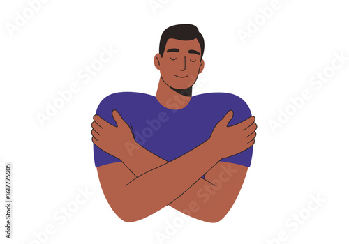 A dark-skinned man with closed eyes embraces himself, his arms crossed over his chest in a gesture of self-love and acceptance.