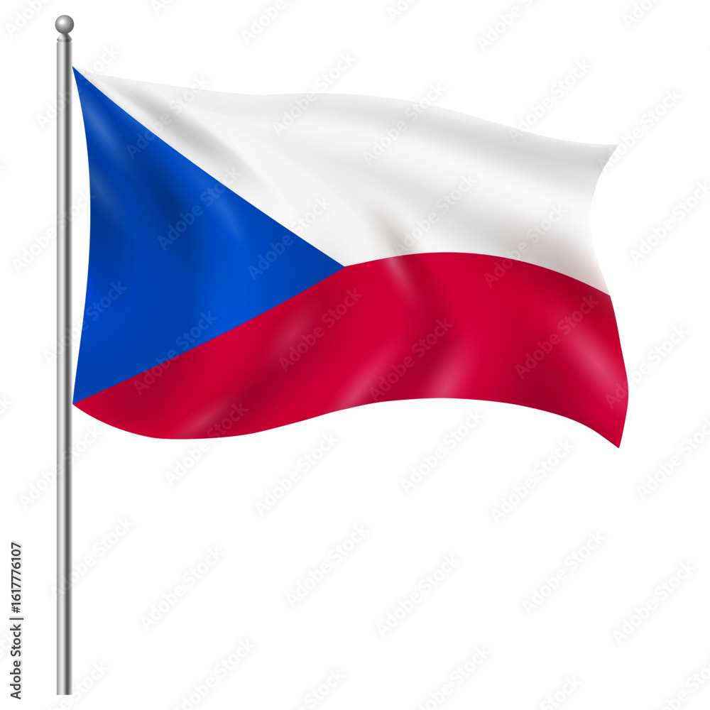 Naklejka premium Waving Czech Flag on Flagpole – National Flag of the Czech Republic in White, Red, and Blue