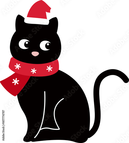 Christmas Black Cat in Santa Hat .
Cute Festive Black Cat Cartoon Clipart  isolated.
Transparent background. svg.