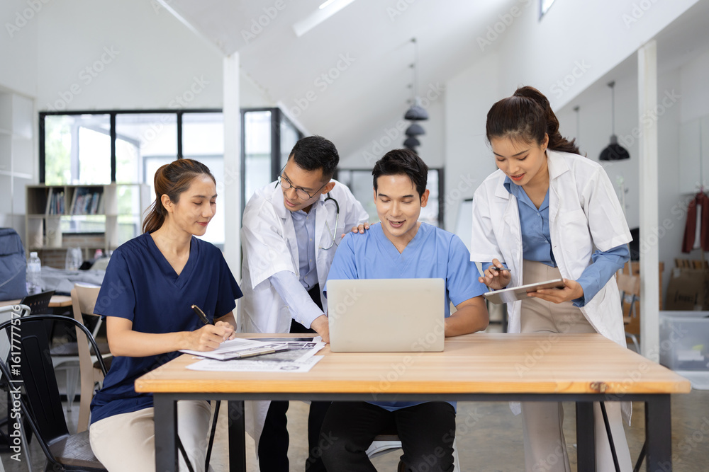 Medical team brainstorming having a meeting in conference room at hospital, Medical technology and health care concept. Medical team brainstorming having a meeting in conference room at hospital, Medical technology and health care concept.