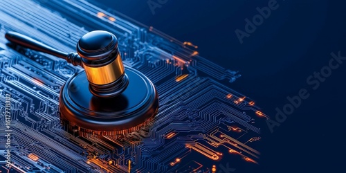 AI government  regulation  law concept. Gavel on a circuit board background representing justice and techno...