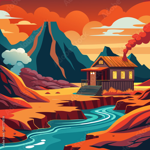 Hot Spring Cottage on Volcanic Rocks Vector
