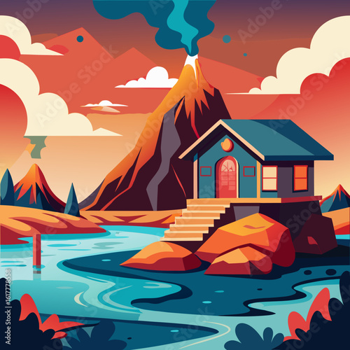 Hot Spring Cottage on Volcanic Rocks Vector