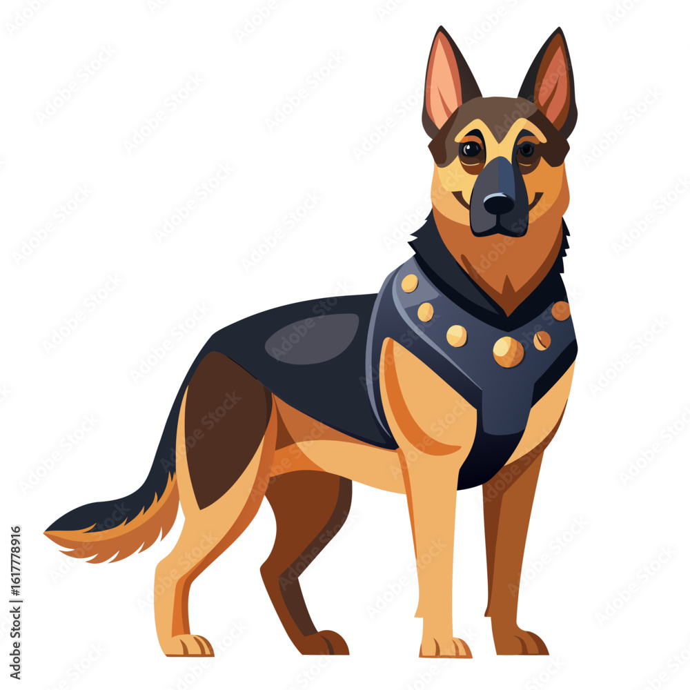Obraz premium A German shepherd dog in police uniform standing alert, created in realistic vector rendering with white background