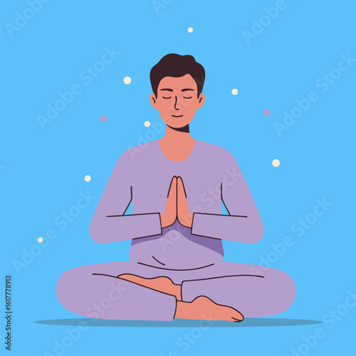 A serene man meditating in a cross-legged yoga pose, practicing mindfulness for mental health and spiritual wellness. Flat vector illustration.