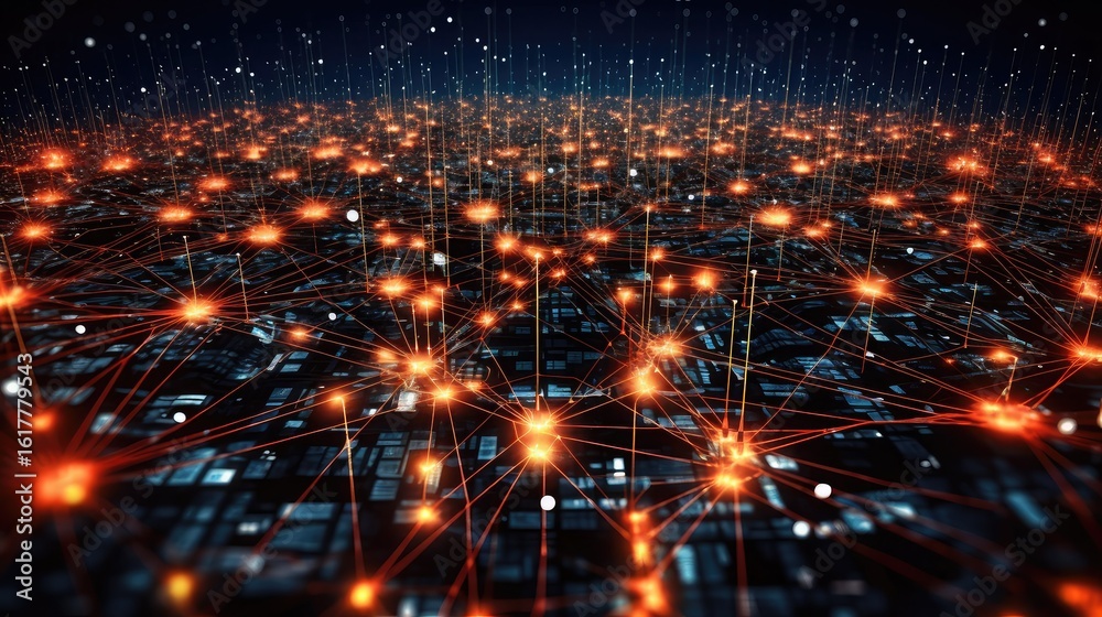 Fototapeta premium Abstract network with orange nodes connected by lines on a dark patterned surface with white dots above