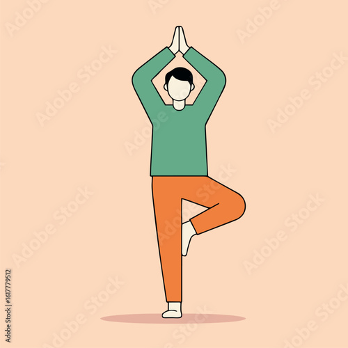 Illustration of a man practicing yoga, standing in the tree pose for balance and mindfulness. Concept of a healthy and active lifestyle.