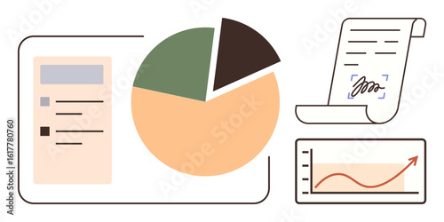 Pie chart, line graph, checklist, and signed document representing data analysis, progress tracking, digital workflows, and business planning. Ideal for education, finance strategy research