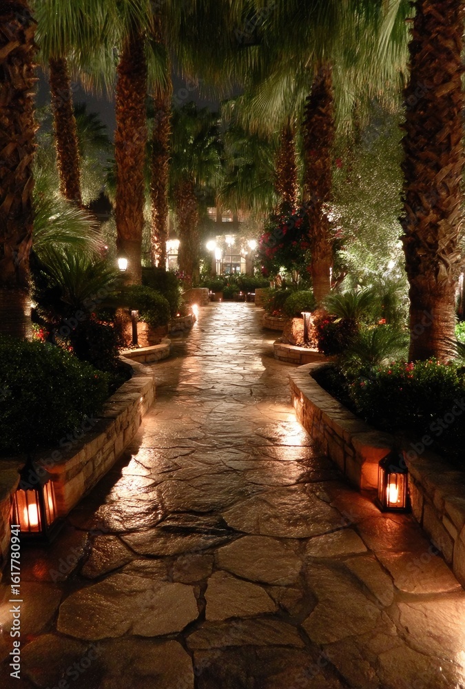Fototapeta premium Nighttime path lined with palm trees and lanterns