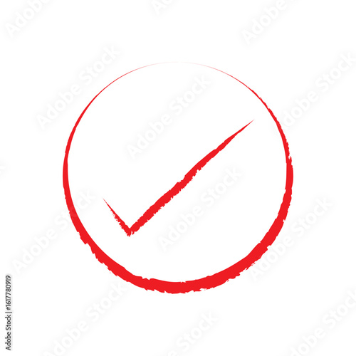 Red check mark with hand drawn brush stroke on white background for confirmation, selection, or UI design elements.