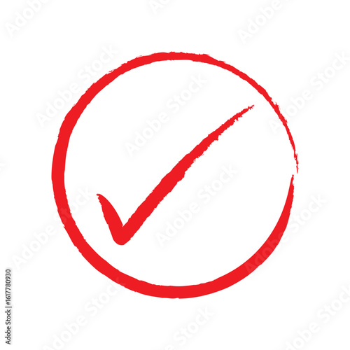 Red check mark with hand drawn brush stroke on white background for confirmation, selection, or UI design elements.
