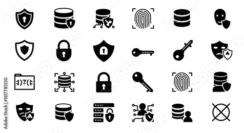 Minimalist Vector SVG Icon Set with Shield and Key Symbols in Black Flat Design