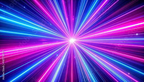 Bright, radiating lines of pink and blue converge at a central point, creating a dynamic, energetic effect