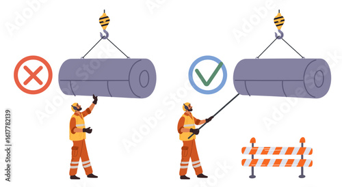 Safety in workplace. Correct and incorrect operation of fitter with hoisting crane. Construction site. Weight lifting. Overhead of careful build workers. Security protection. Vector concept