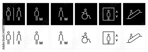Minimal Public Icon Set - Restroom, Accessibility, Elevator, Escalator Symbols.