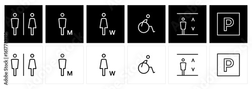Public Facility Icon Set - Restroom, Accessibility, Elevator, Parking Symbols.