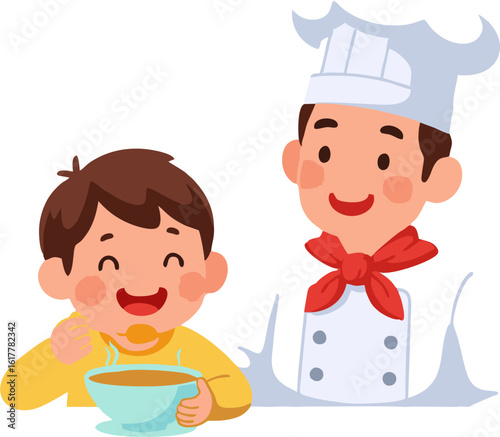 Child Eating Soup with Chef