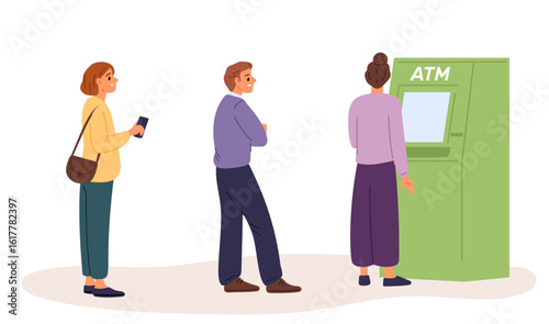 People queue up at ATM to get cash. Man or woman standing in waiting line to payment terminal. Banking transfer. Automated machine. Withdrawing money. Electronic cashpoint. Vector concept