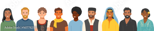 Portraits of men and women of different nationalities in traditional clothing. Concept of cultural diversity, equality, social inclusion and friendship. Vector background in a flat style.