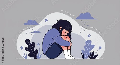 Conceptual illustration of a sad girl under a personal rain cloud, a metaphor for depression, loneliness, and mental health struggles