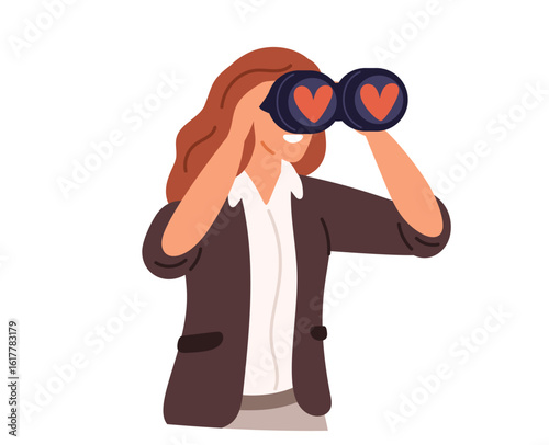Girl looks through binoculars with two red hearts on them. Beloved woman. Lover spying with telescope. Love search. Romantic relationship explore. Vision at distance. Vector concept