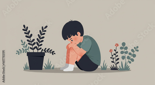 Vector illustration of a sad, lonely boy sitting curled up on the ground. A poignant conceptual image depicting childhood melancholy and solitude.