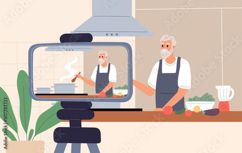 Elderly man in apron prepares food in kitchen and records cook process on camera. Video blog filming. Senior male showing dinner preparation. Grandfather at camcorder. Vector concept