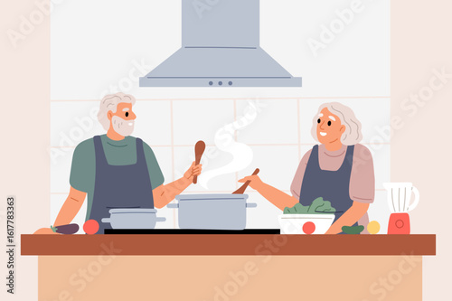 Elderly man and woman preparing food together in kitchen. Senior couple. Dinner preparation. Grandparents leisure. Old wife and husband cooking at home. Culinary hobby. Vector concept