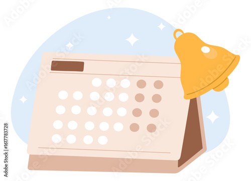 Calendar with yellow bell alert or event reminder. Task scheduler. Memo notification. Appointment organizer. Attention agenda notice ring. Productivity office management. Vector concept