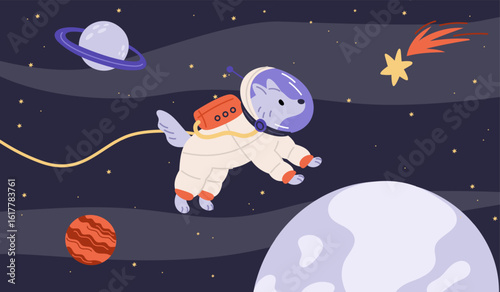 Astronaut dog in spacesuit flies in outer space among celestial bodies. Galaxy discovery. Universe exploration. Animal cosmonaut. Spacewalk explore. Astronomy science. Vector concept