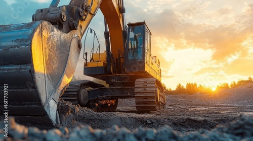 A close up of a yellow excavator with a large bucket at a construction site during sunset time light