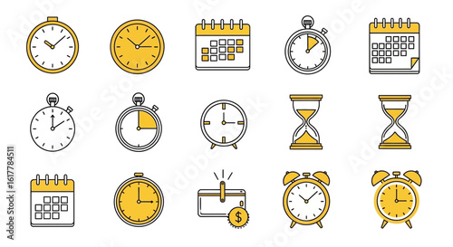 Vector Minimalist SVG Icon Set of Clocks and Timers with Flat Design Style in Yellow and Black Colors