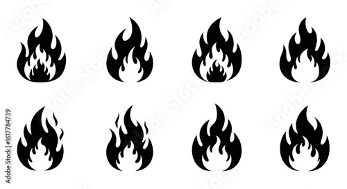 Vector SVG Icon Set of Flame Symbols with Minimalist Flat Design in Black Color for Digital and Web Applications
